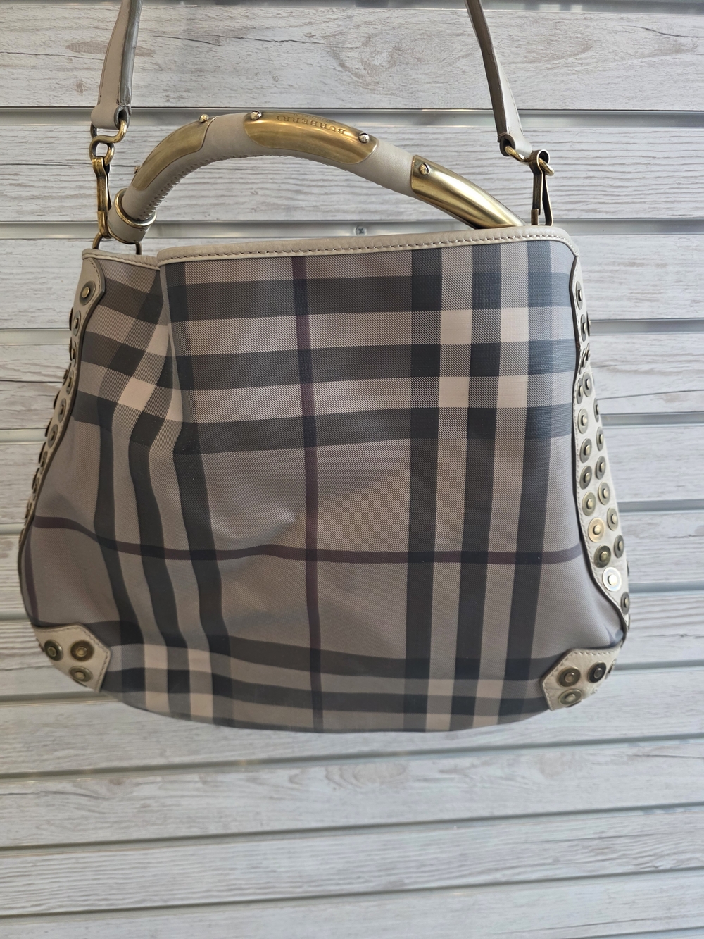Burberry Beige and Gray Plaid Shoulder Bag with Stud Trim - Picture 7 of 17